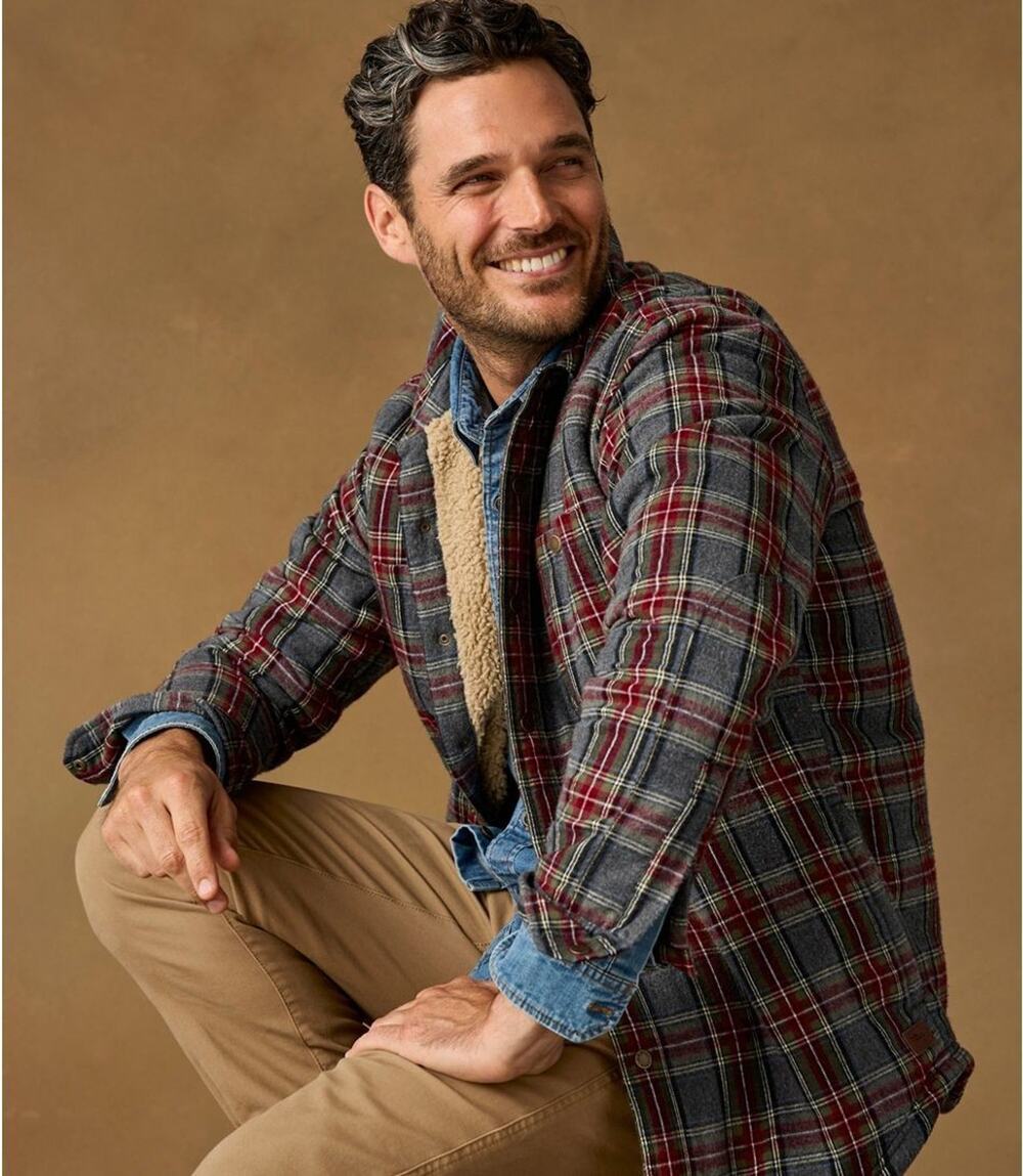 LL Bean Mens Grey Stewart Sherpa Lined Scotch Plaid Shirt Jacket Slight Fitted L